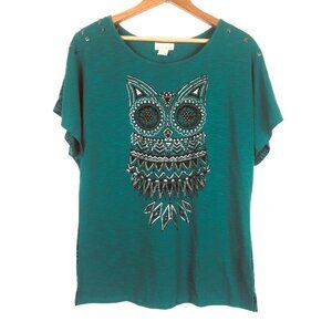 Tru Self Tribal Owl Graphic Tee Women’s Medium Teal Silver Studs
